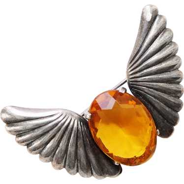 Fabulous STERLING WINGS Amber Glass Stone Brooch