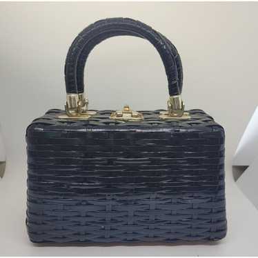 Vintg 1960s Woven Wicker Basket Handbag Purse Blac