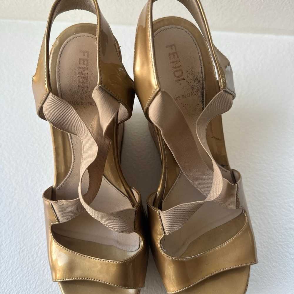 Fendi Gold Patent Leather Slingback Sandals Cork … - image 2