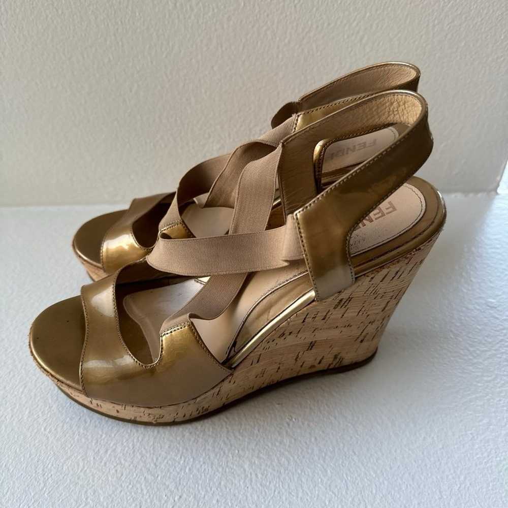 Fendi Gold Patent Leather Slingback Sandals Cork … - image 3