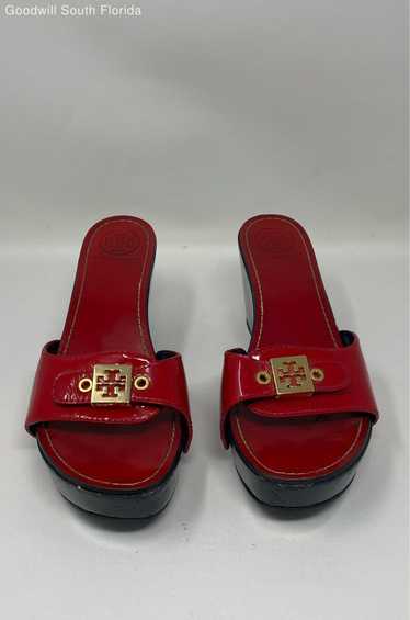 Tory Burch Womens Red Blue Gold-Tone Leather Wedge