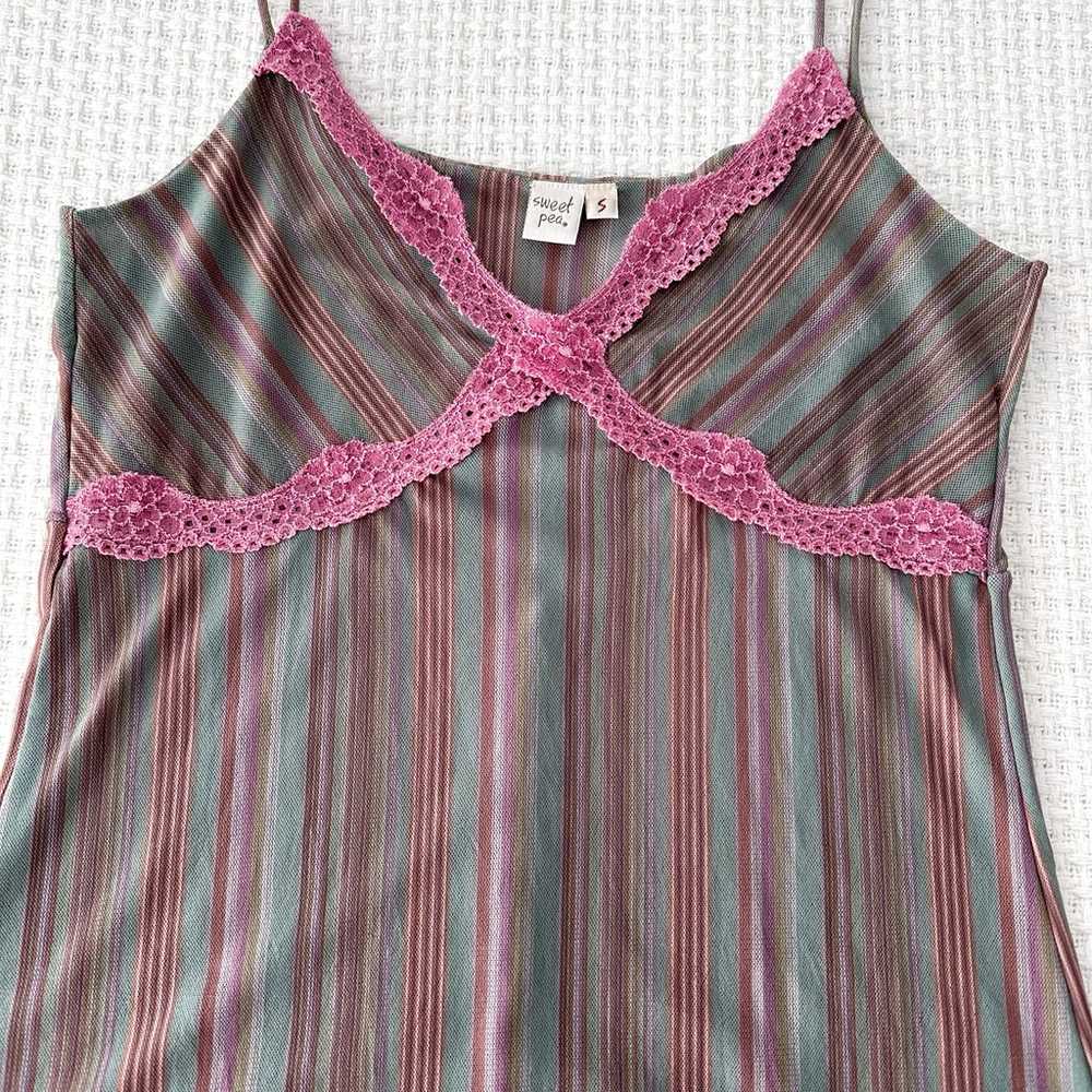 Sweet Pea Vintage Y2K Green Striped Pink Lace Bab… - image 5