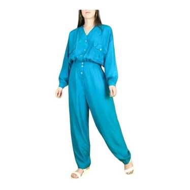 80s VTG Rafaella Teal 100% Silk Full Length jumpsu