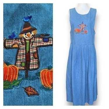 Vintage Karen Scott Dress Denim Pinafore Fall Sca… - image 1