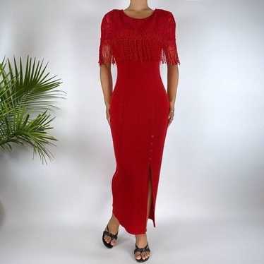 Vintage 90s Red Elegant Lace Bodycon Fringe Maxi … - image 1