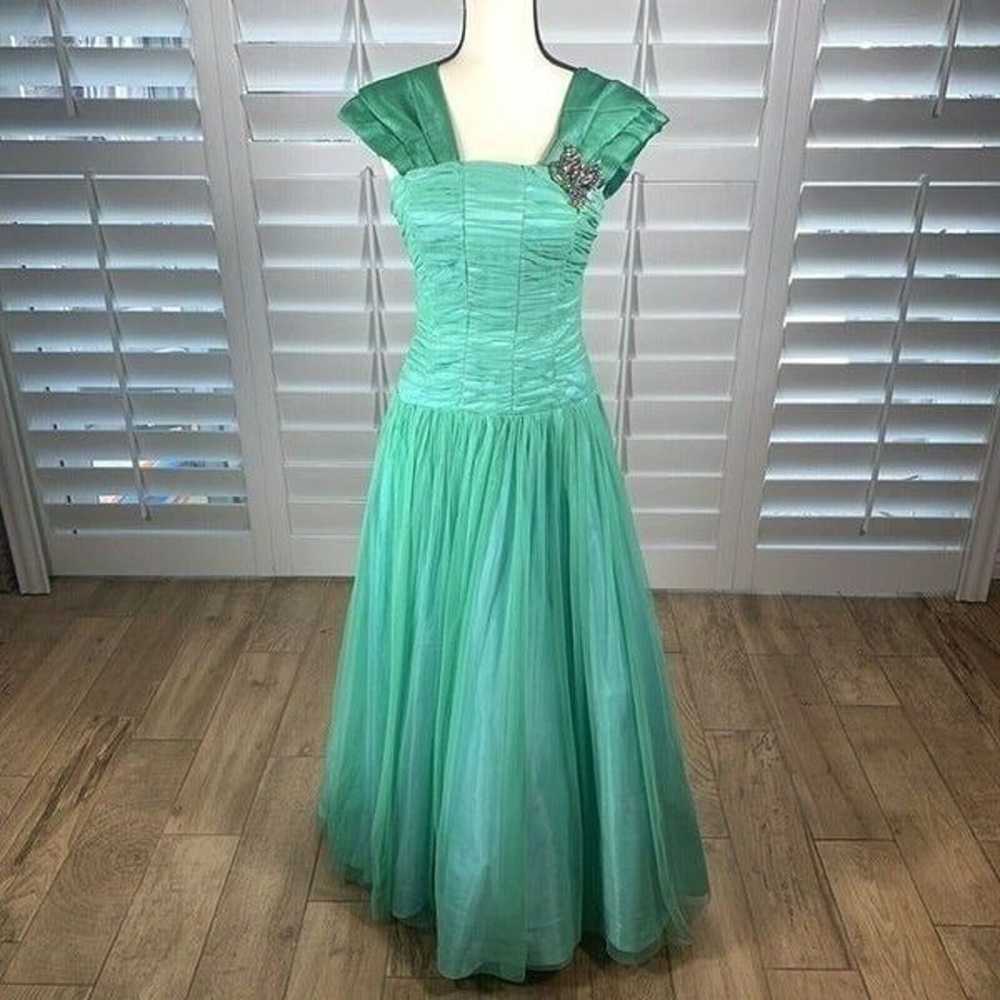 Vtg Green Tulle Prom Dress Small Formal Ball Gown… - image 2