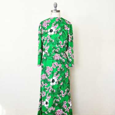 60s green floral maxi dress womens size small