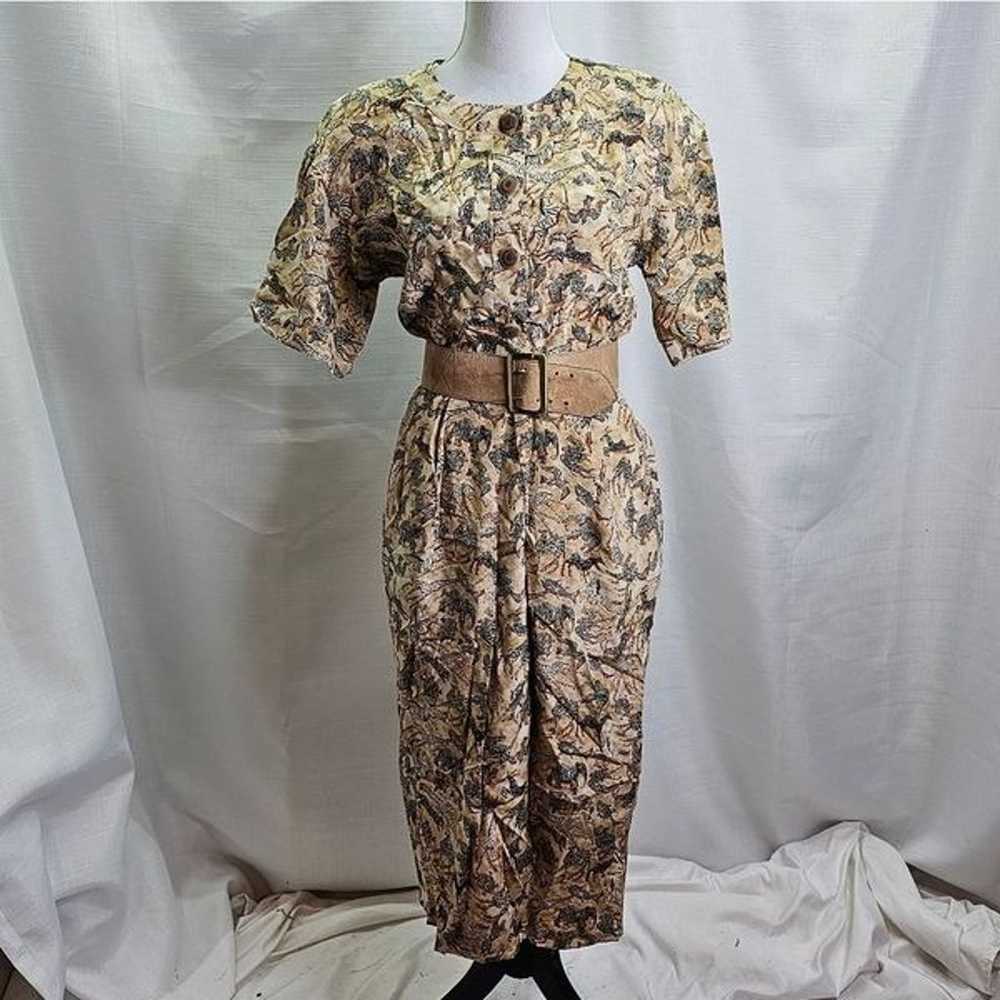 Gillian Vintage Brown Animal Print Silk Midi Dres… - image 1