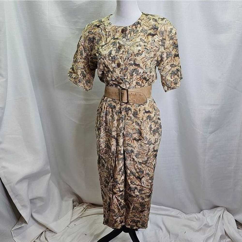 Gillian Vintage Brown Animal Print Silk Midi Dres… - image 2