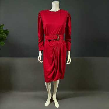 seventh ave. south 90s belted red dress long sleev