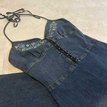 Rare vintage hot kiss embroidered halter denim max