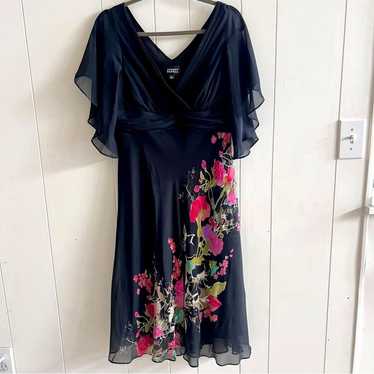 Vintage Adrianna Papell Black Floral Midi Silk Dr… - image 1