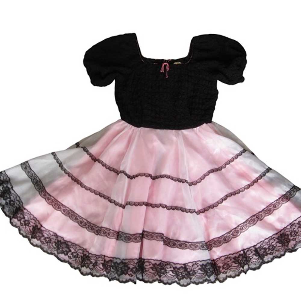 Vintage 70s Square Dance Circle Dress Black Pink … - image 3