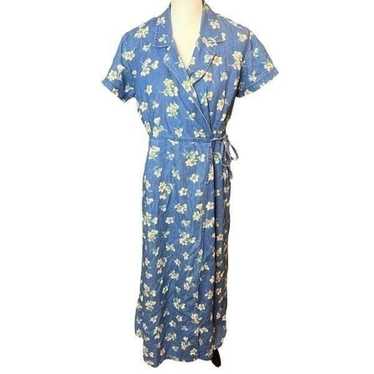 Vtg 90s Liz Claiborne Floral Denim Wrap Maxi Farm… - image 1