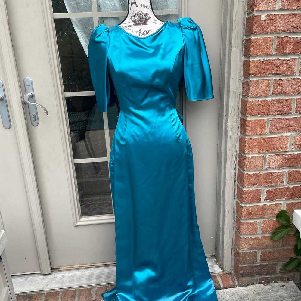 Vintage 80’s Satin Teal Full Length Prom Bridesma… - image 1