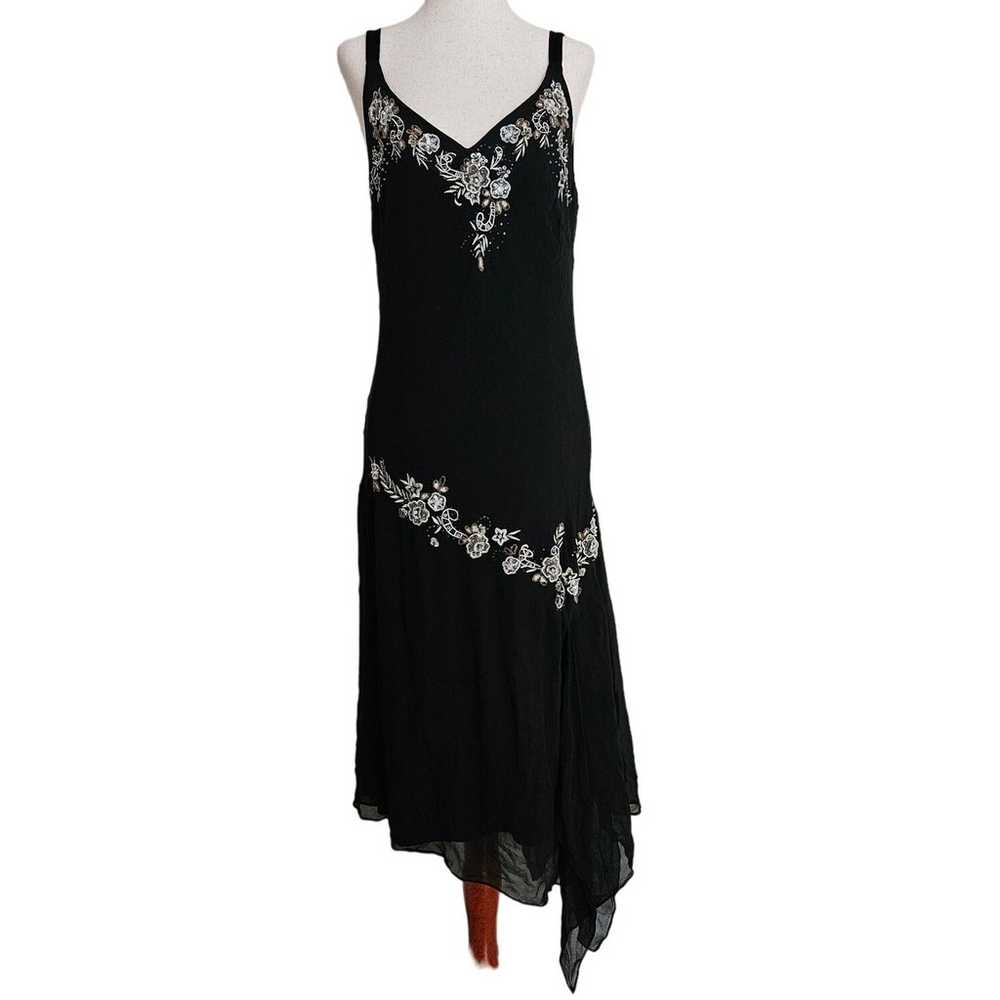 Vintage Black Floral Midi Dress 100% Silk Overlay… - image 1