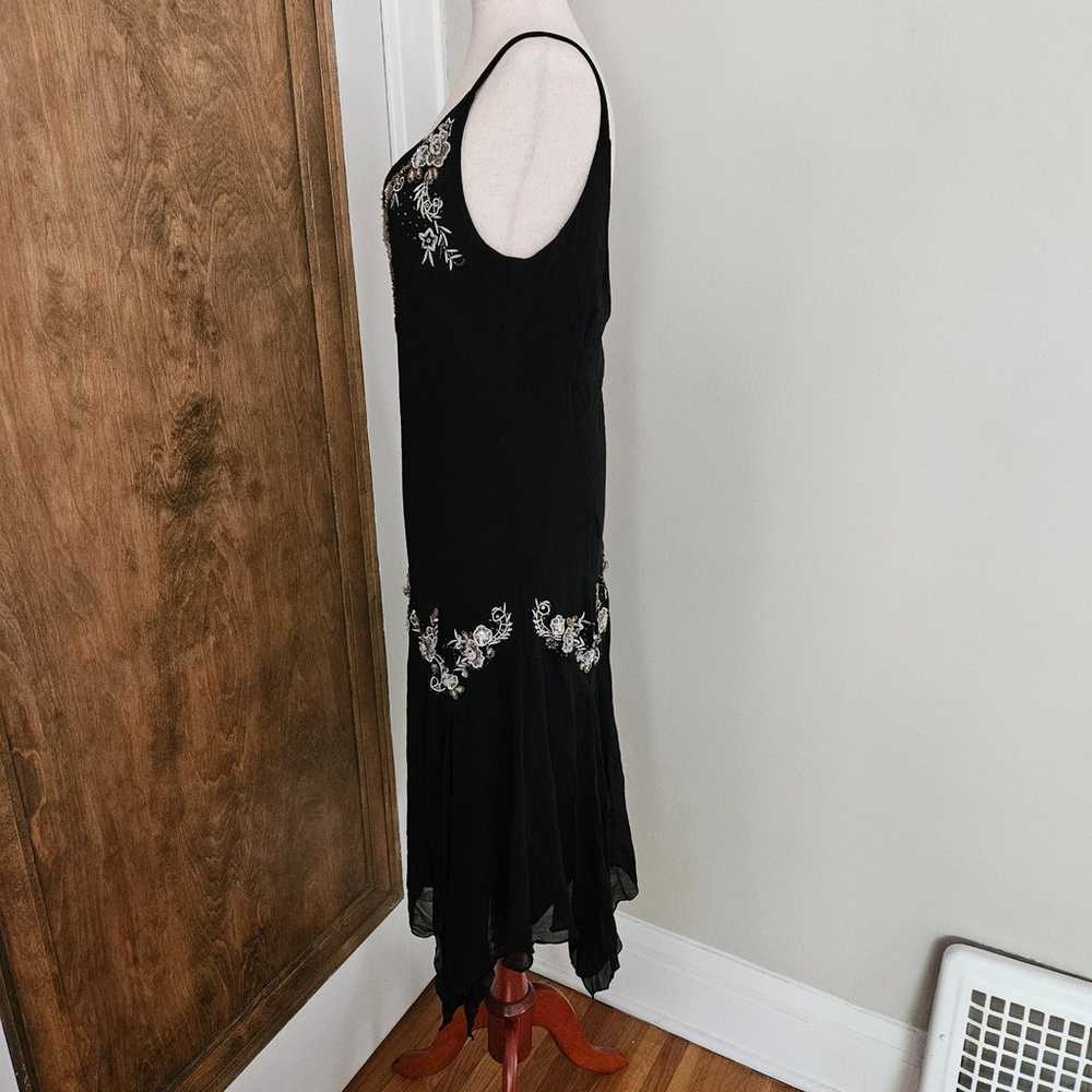 Vintage Black Floral Midi Dress 100% Silk Overlay… - image 4