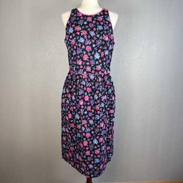 Vintage Lanz Womens Midi Dress 14 Black Floral Op… - image 1