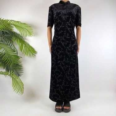 Vintage 90s Grunge Black Velvet Floral Whimsygoth… - image 1