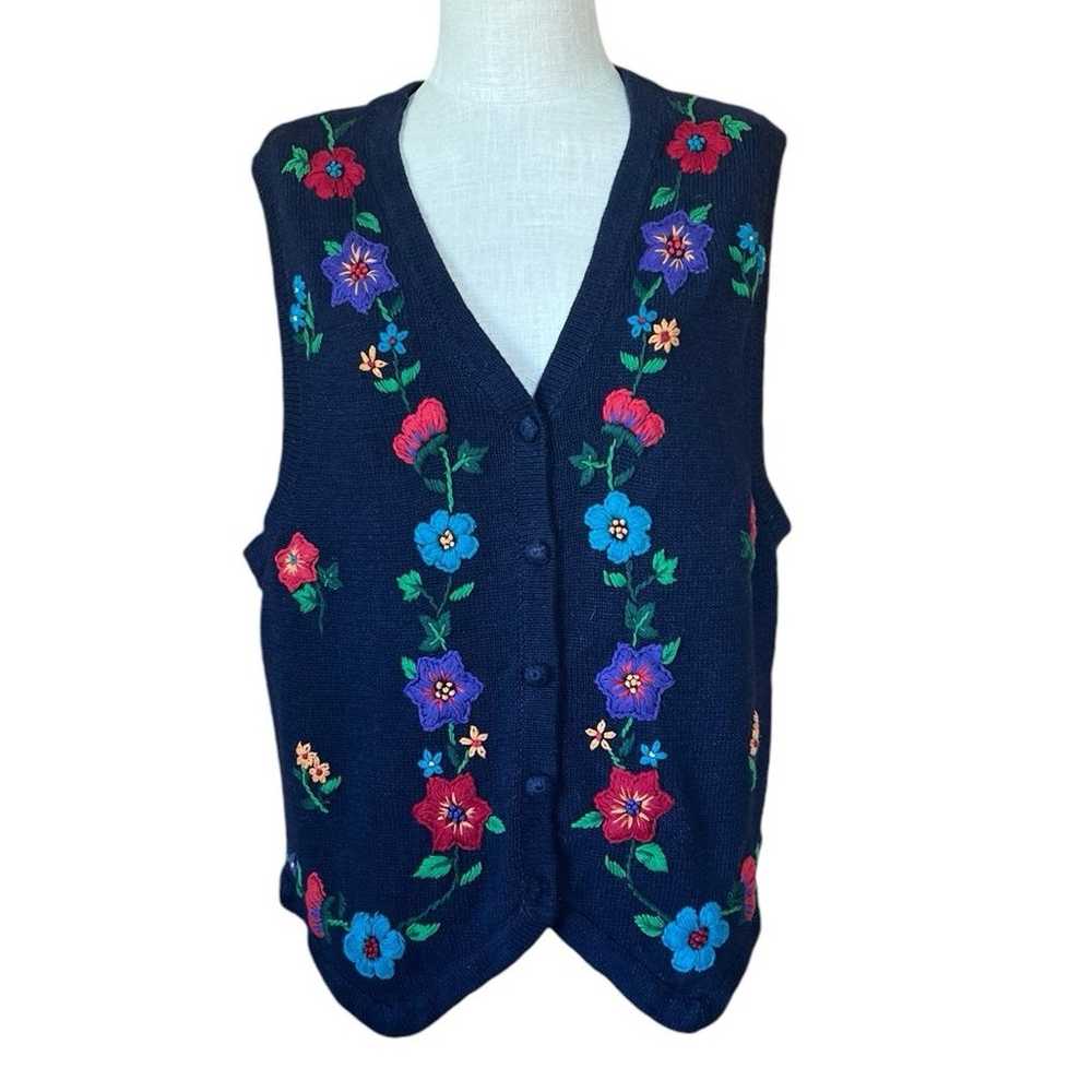 Vintage 90s Blue Floral Embroidered Sweater Vest … - image 1