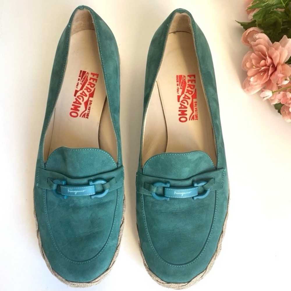 Salvatore Ferragamo Gancini Teal Suede Leather Es… - image 3