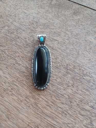 Vintage Sterling Silver Black Onyx Turquoise Stam… - image 1