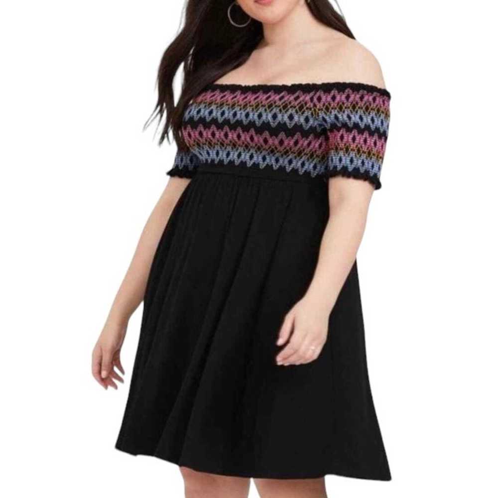 Torrid Black Multicolor Embroidered Smocking Off … - image 1