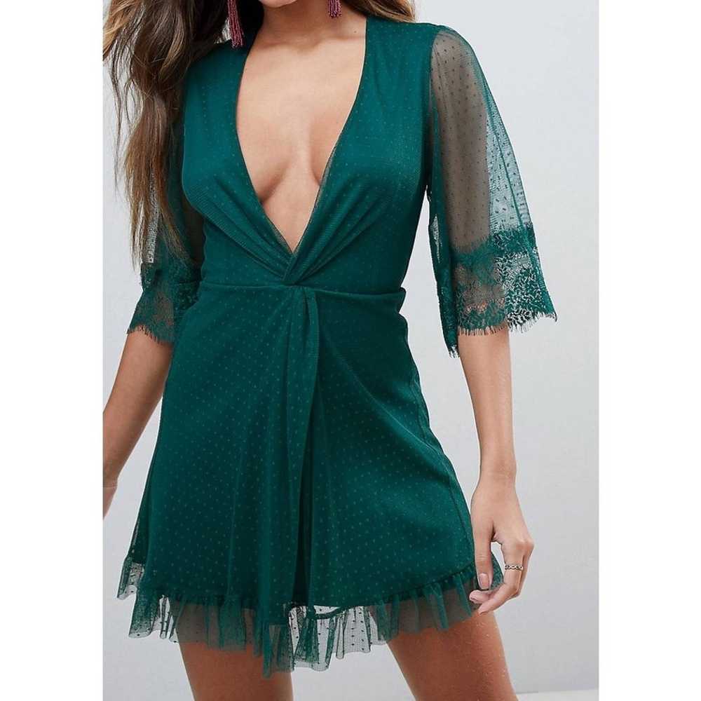 asos short lace dress emerald green deep vneck se… - image 1