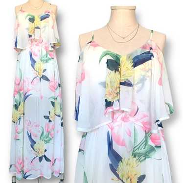 LUNIK Floral Maxi Dress Ruffle Tier V-Neck A-Line 