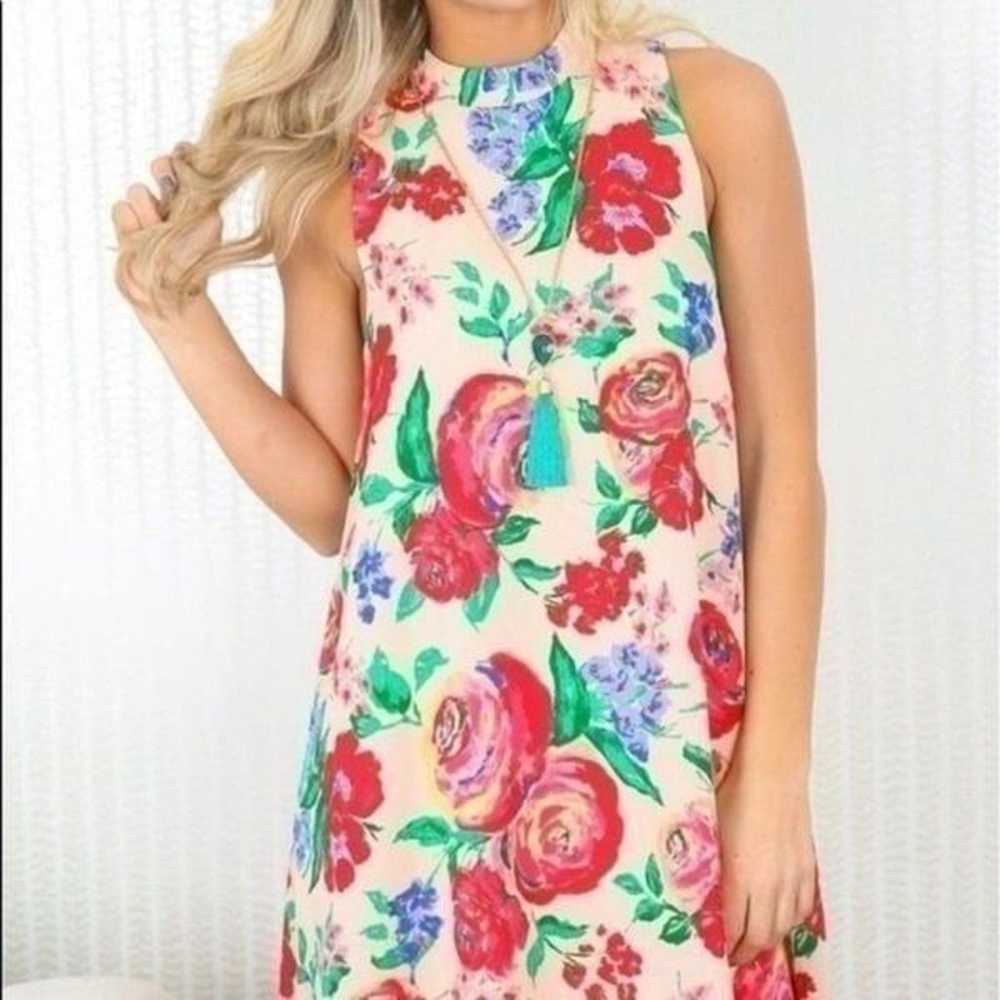 Everly Pink Floral Mock Neck Dress - image 3