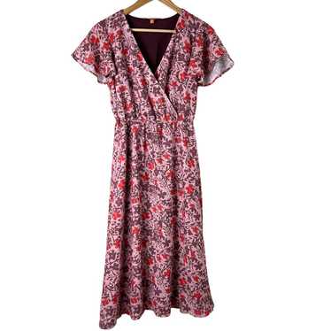 ModCloth V-Neck Pink Floral Midi Dress Flutter Sl… - image 1