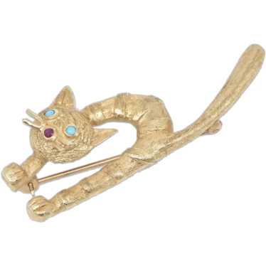 14K 1960's Ornate Turquoise Ruby Arched Cat Pin/Br