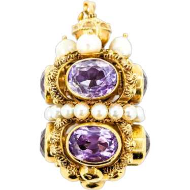 Substantial Amethyst & Pearl Fob Pendant in 18k Y… - image 1