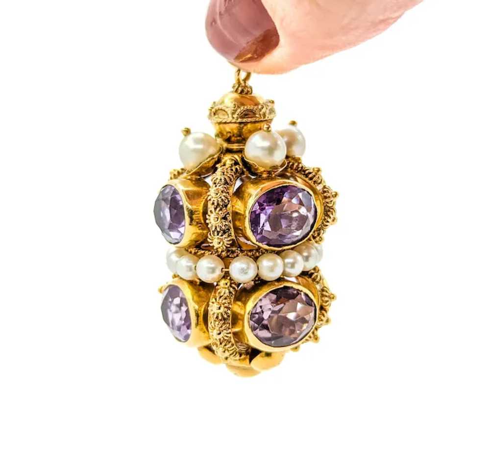 Substantial Amethyst & Pearl Fob Pendant in 18k Y… - image 3