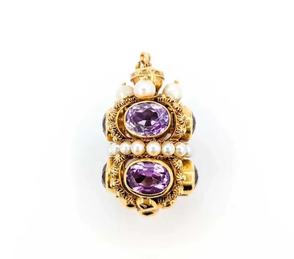 Substantial Amethyst & Pearl Fob Pendant in 18k Y… - image 4