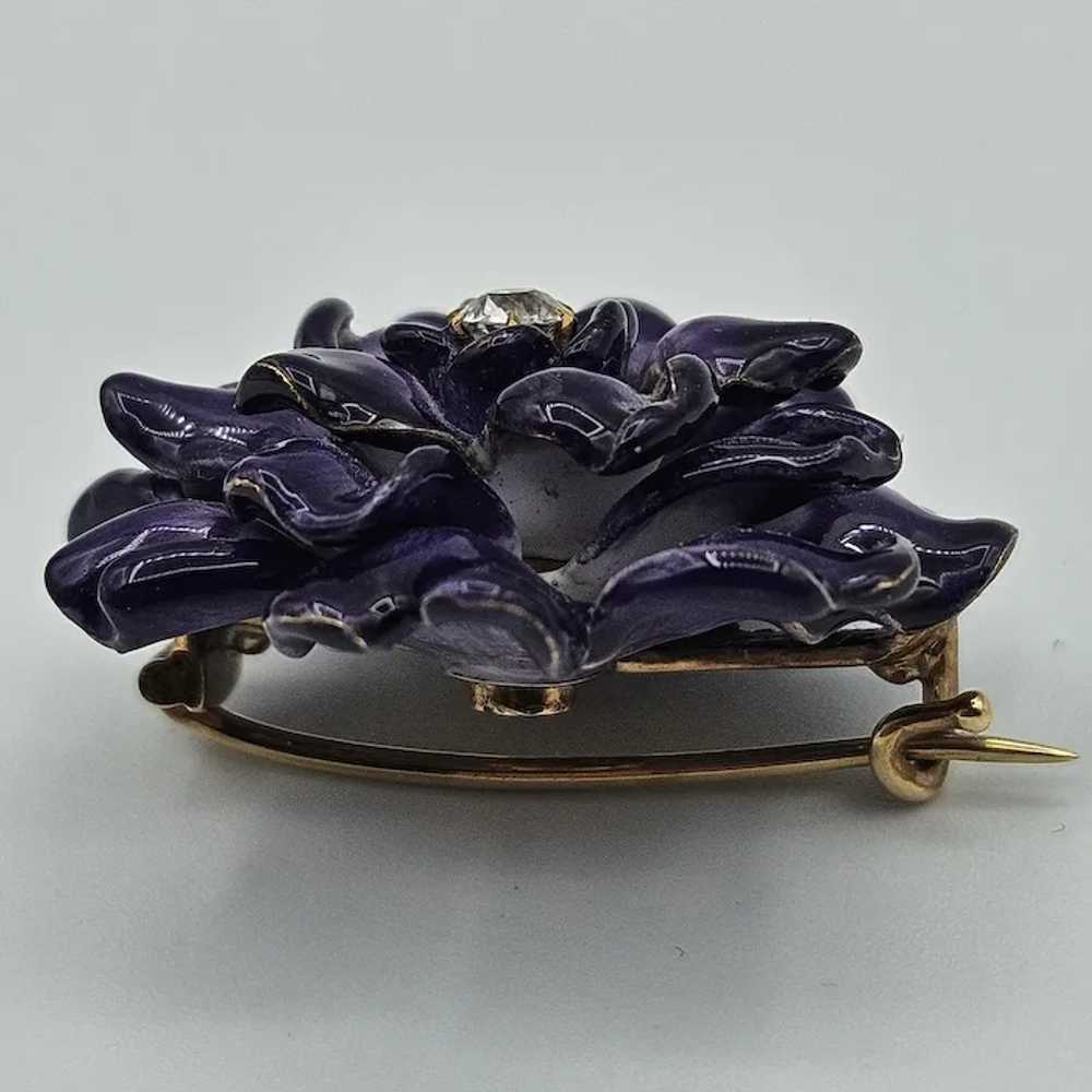 14K & Enamel Cabbage Rose Pin w/Diamond Accent - image 3