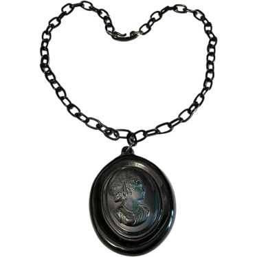 Bakelite, Black Cameo Pendant with Chain