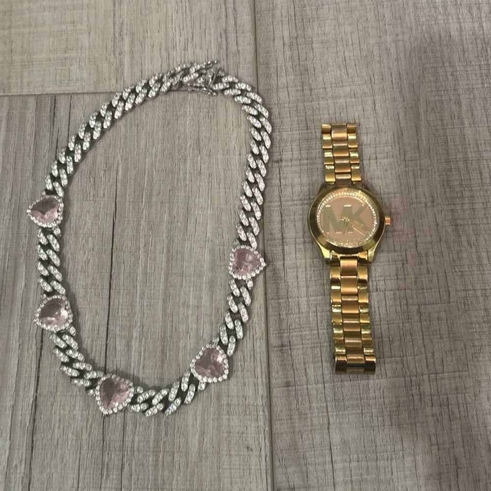 Pink heart Cuban with gold Michael Kors watch - image 2