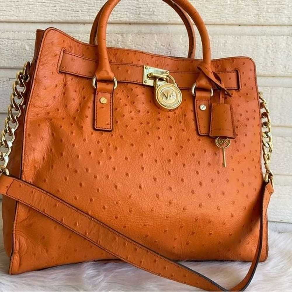 MICHAEL KORS Orange Ostrich Hamilton XL Satchel T… - image 2