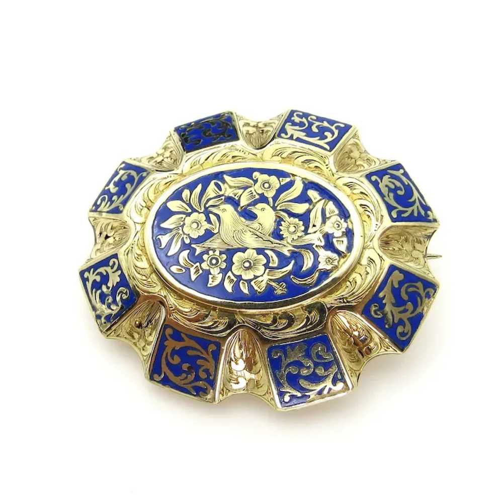 14K Yellow Gold and Blue Enamel Brooch - image 10