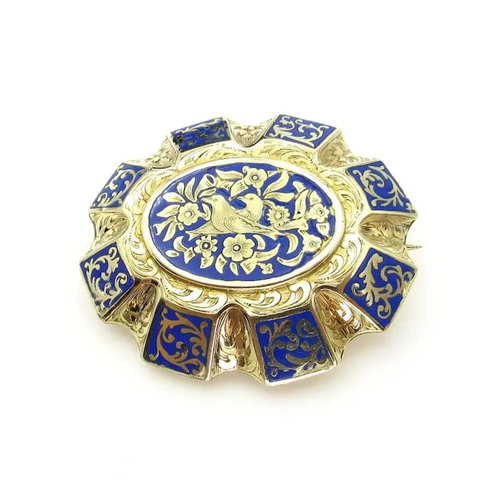 14K Yellow Gold and Blue Enamel Brooch - image 11