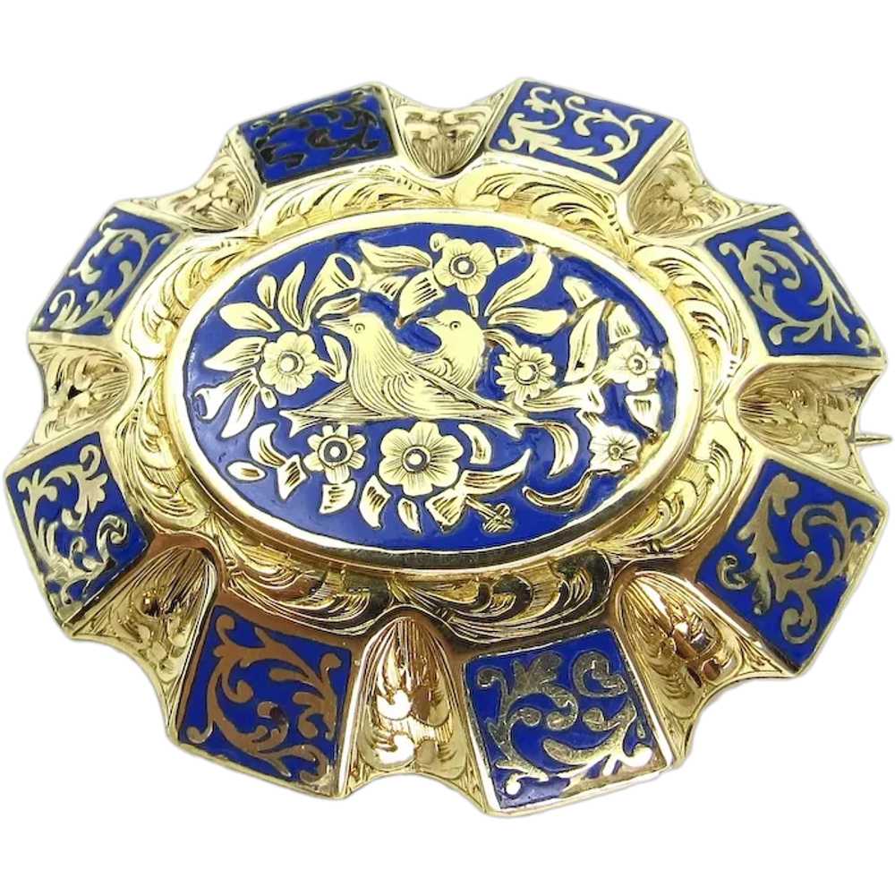 14K Yellow Gold and Blue Enamel Brooch - image 1