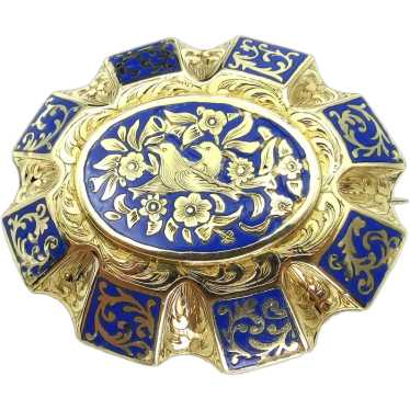 14K Yellow Gold and Blue Enamel Brooch - image 1