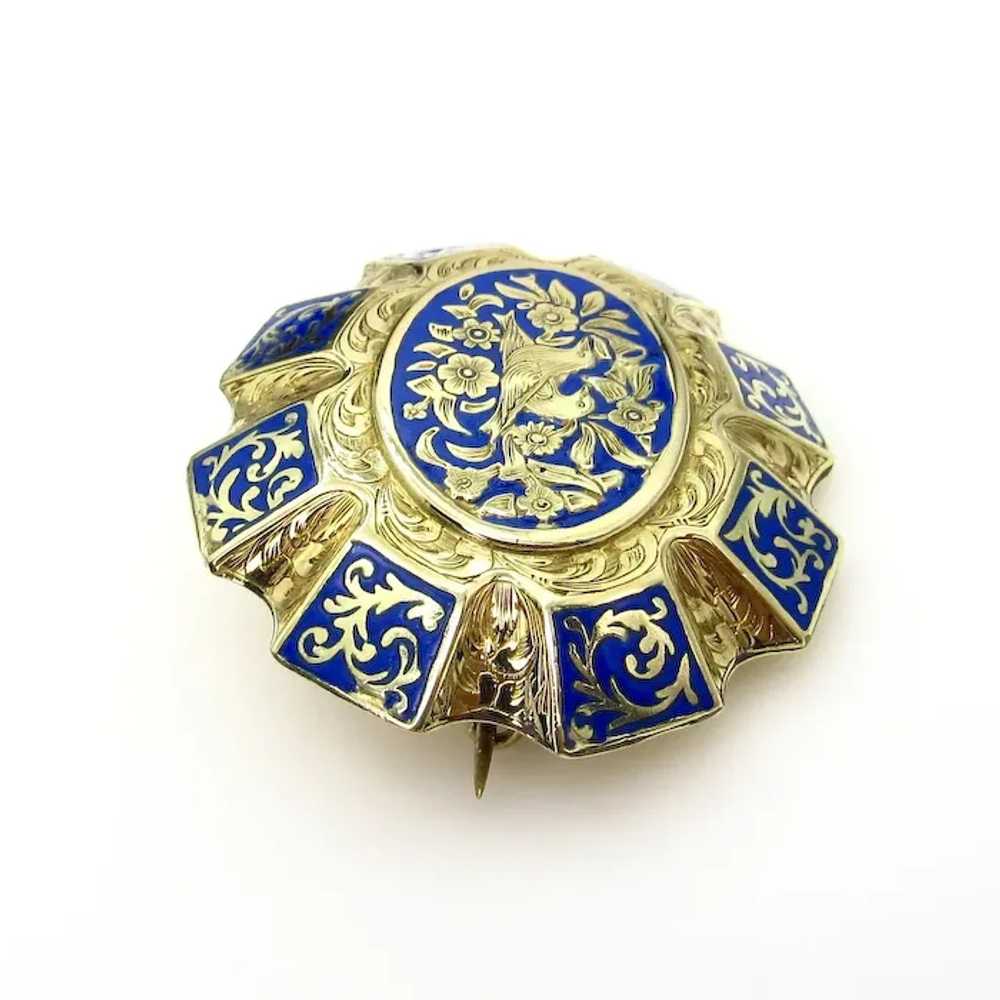 14K Yellow Gold and Blue Enamel Brooch - image 2