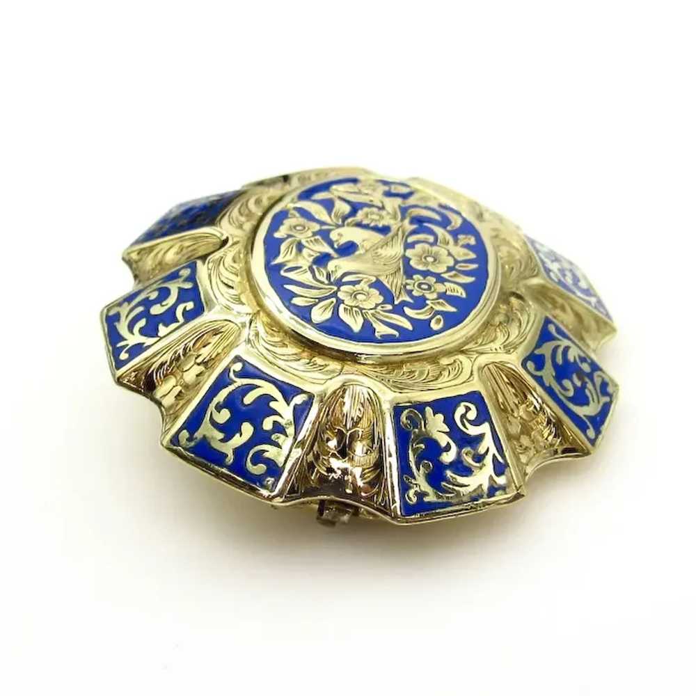 14K Yellow Gold and Blue Enamel Brooch - image 3