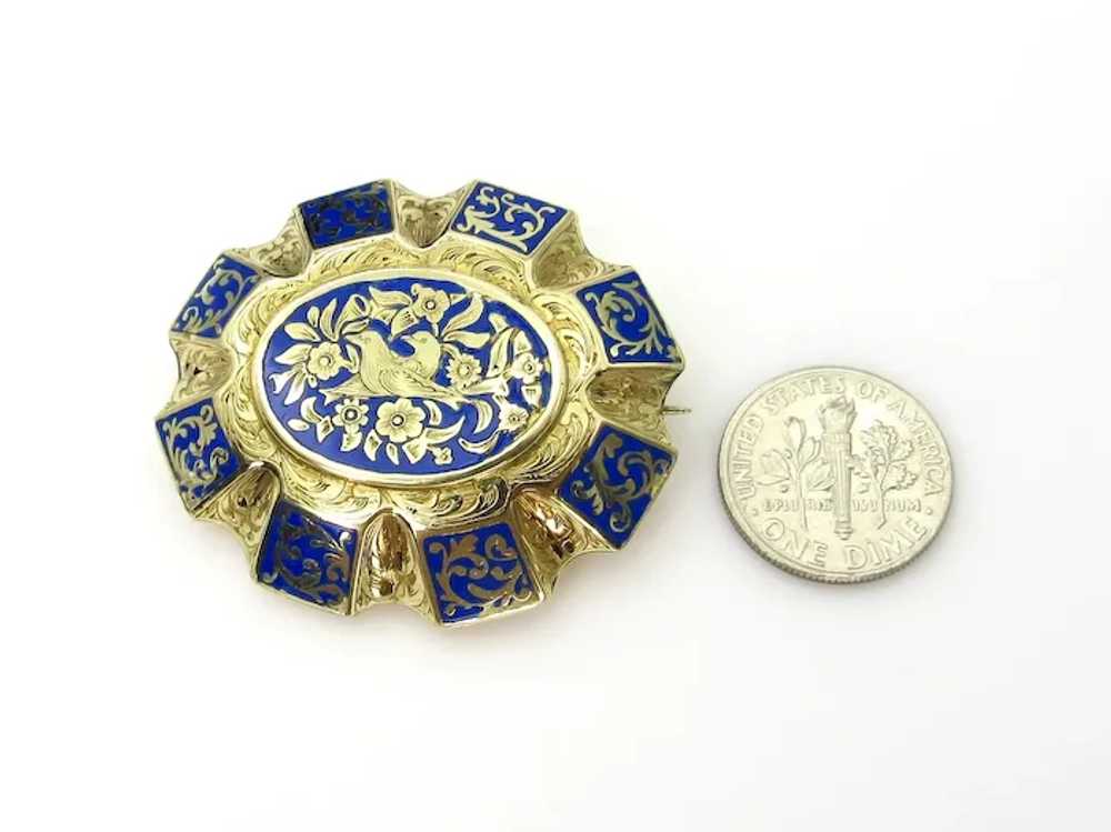 14K Yellow Gold and Blue Enamel Brooch - image 5