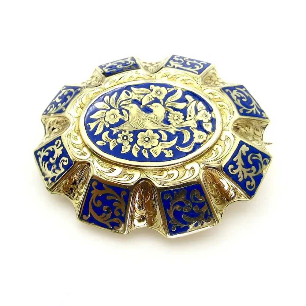 14K Yellow Gold and Blue Enamel Brooch - image 6