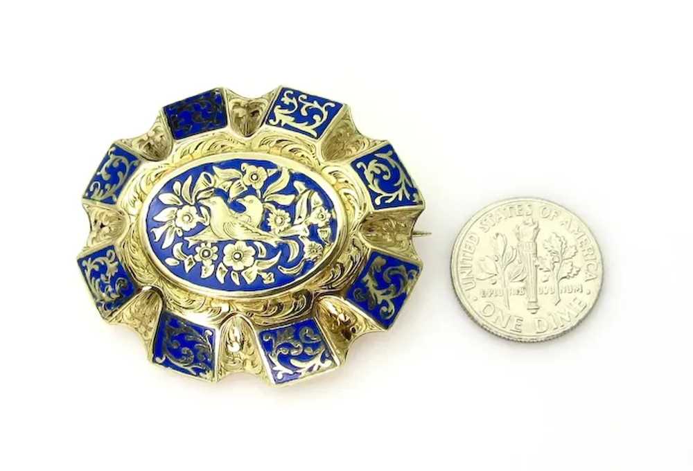 14K Yellow Gold and Blue Enamel Brooch - image 9