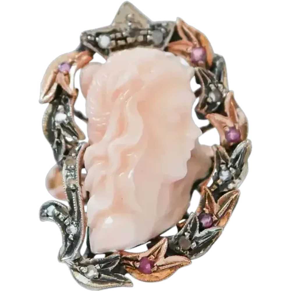 Coral, Rubies, Diamonds, Solid 9 Kt Rose Gold, Go… - image 1