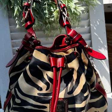 Dooney & Bourke Red Zebra Drawstring Leather Bag … - image 1